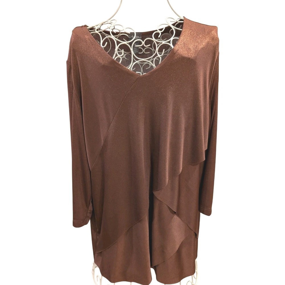 Travelers by Chico's Long Sleeve Tunic Brown Blouse  V-Neck, Made in USA Size 3